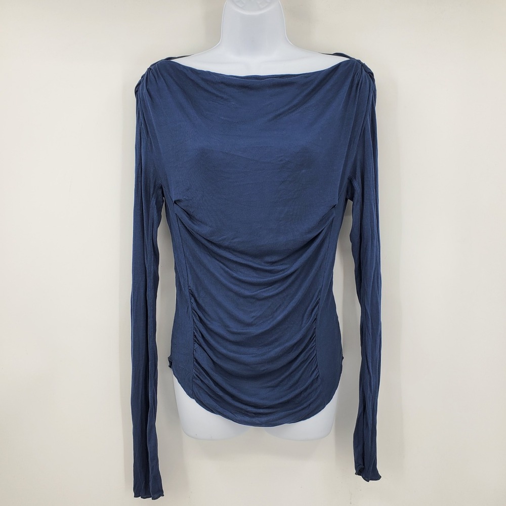 Intimately Free People Blue Ruched Boat Neck Long Sleeve Ribbed Top Medium Indie
